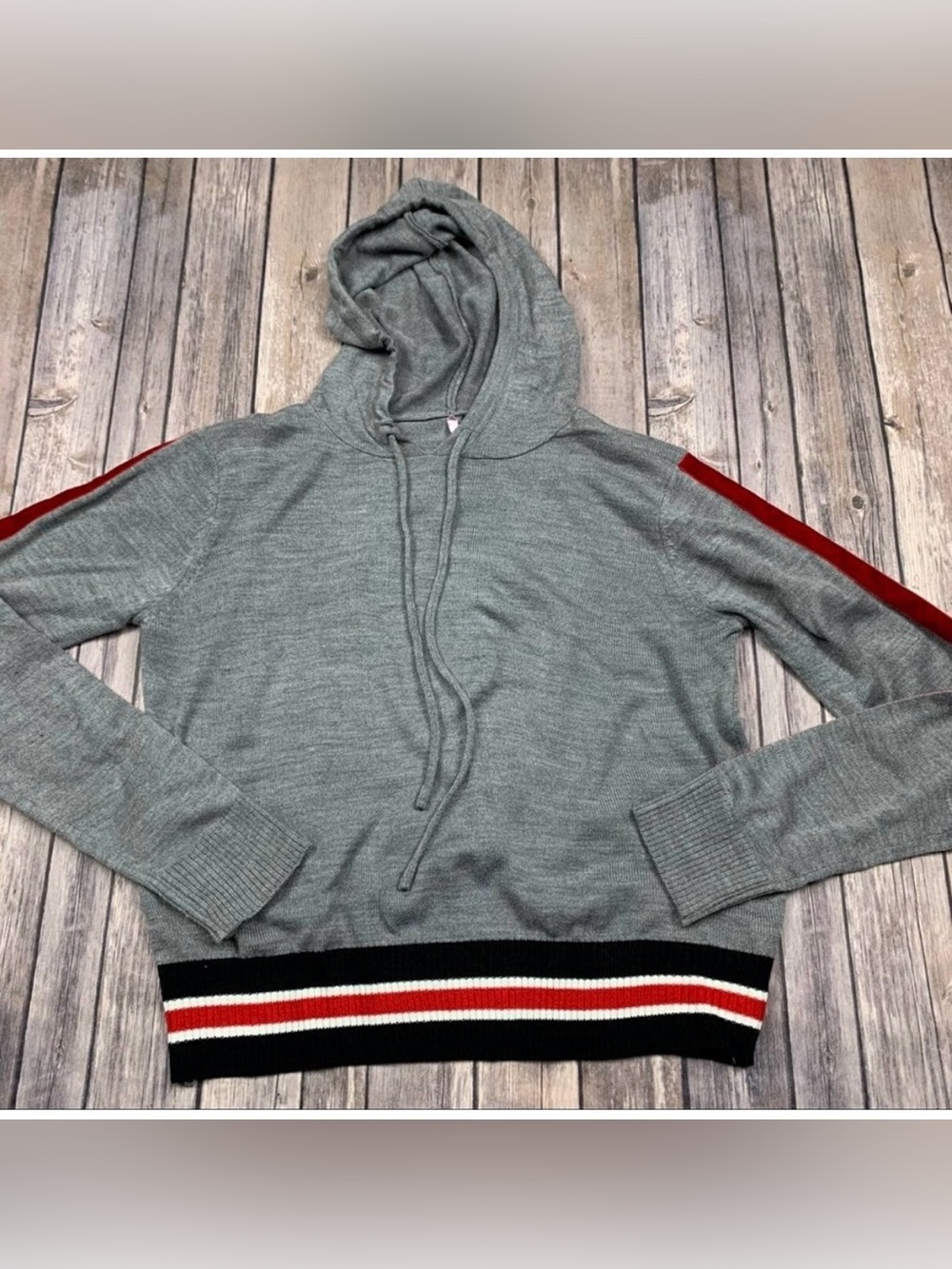 Love By Design Gray knit Hoodie with Red velvet Stripe sleeves